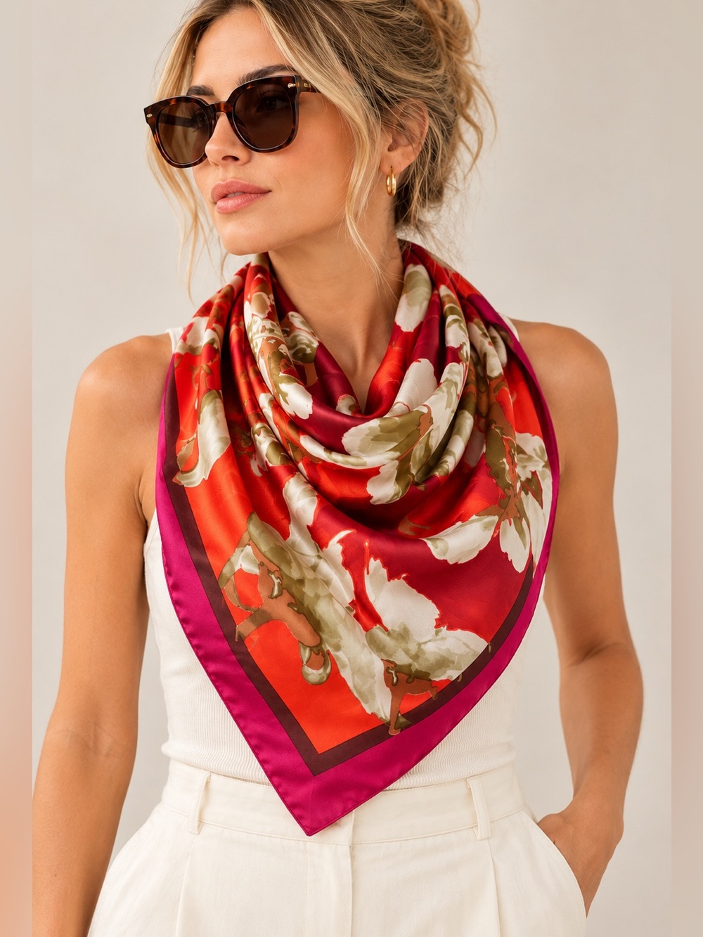 Vtg 90’s VEAS 100% Pure Silk Scarf Floral Square 40” Rolled Red Pink Orange Brow